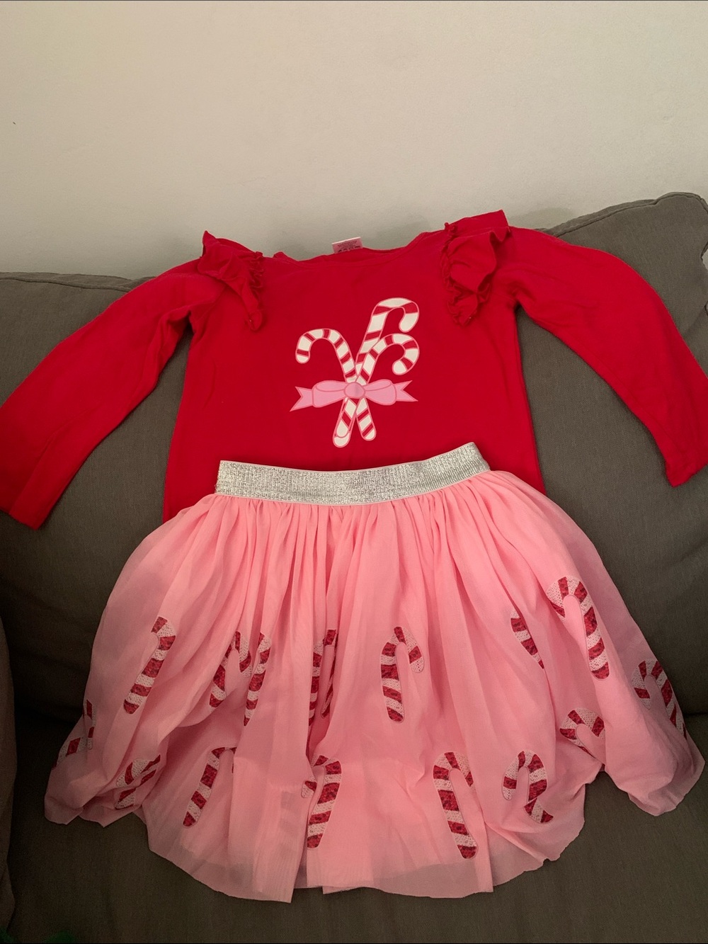 Holiday Candy Cane Girls Matching Top and Skirt Set - Red & Pink